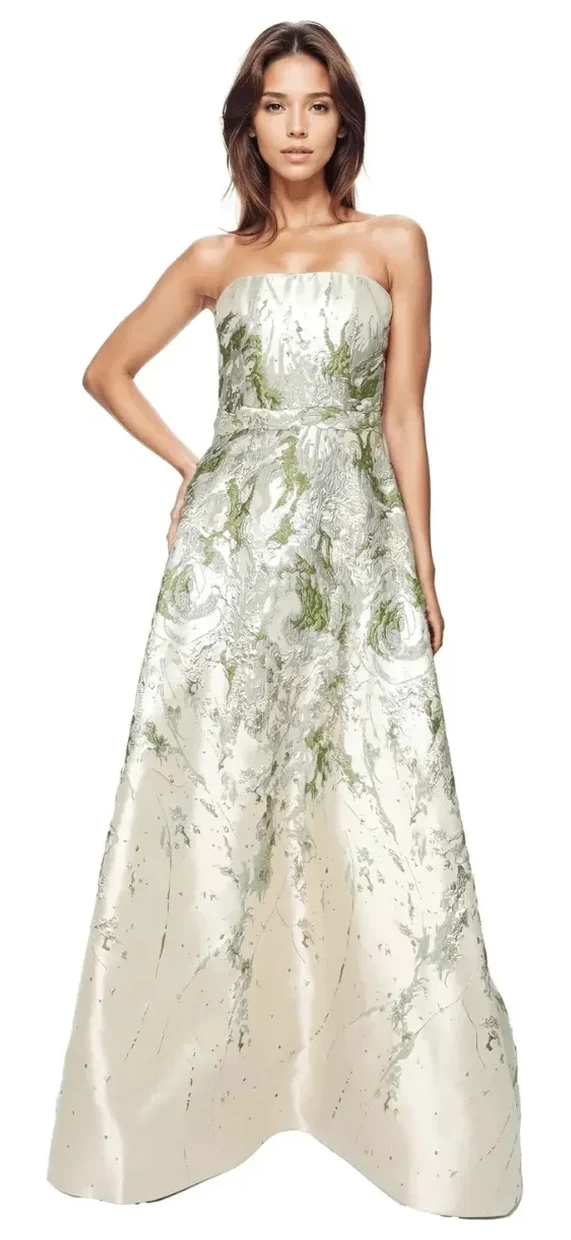 Rene Ruiz ivory gown with sage embroidery