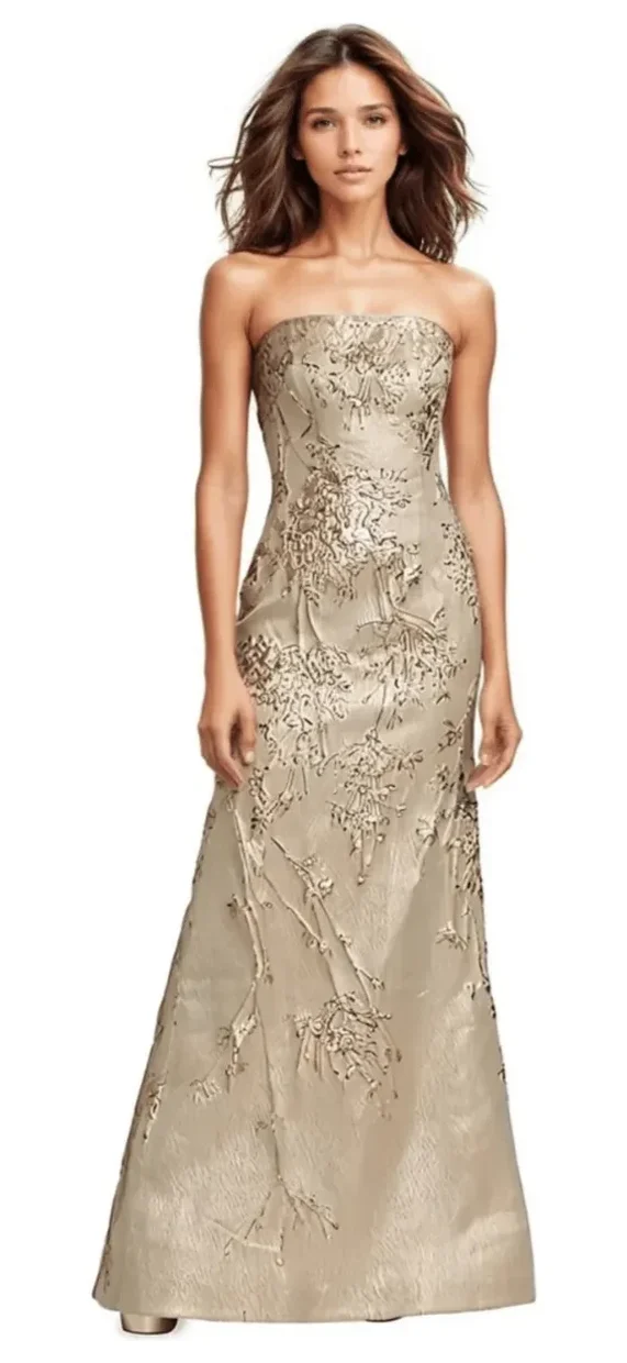 Rene Ruiz champagne gown with gold embroidery