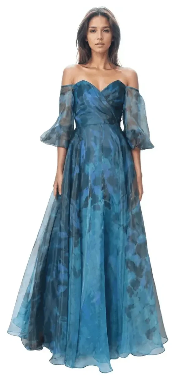 Rene Ruiz teal organza gown with bell sleeves